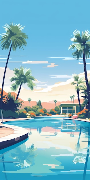 L'oasis du milieu du siècle, une illustration vivante d'une piscine dans le désert