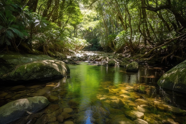 Oasis forestière avec ruisseau cristallin et arbres frais et ombragés