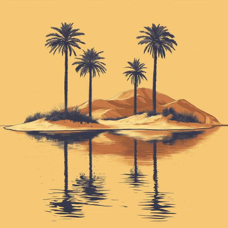 Photo oasis d'île déserte avec des palmiers et des reflets d'eau tranquille