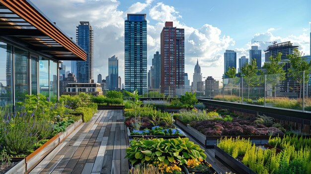 Photo une oasis de jardin luxuriant sur le toit au milieu d'une ville animée