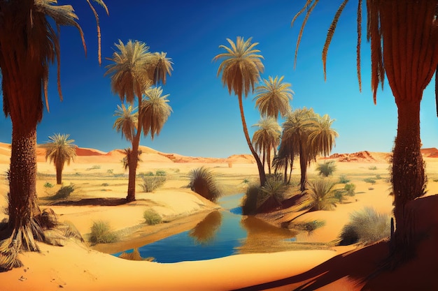 Oasis avec palmiers et ciel bleu clair entouré d'un désert sans fin créé avec une IA générative