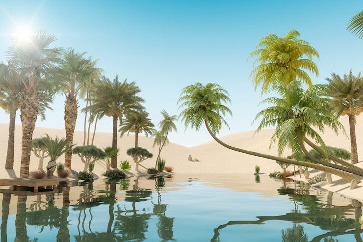 Photo oasis et palmiers dans le désert, rendu 3d