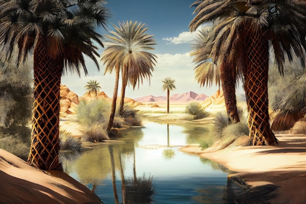 Oasis avec palmiers et eaux fraîches dans le désert