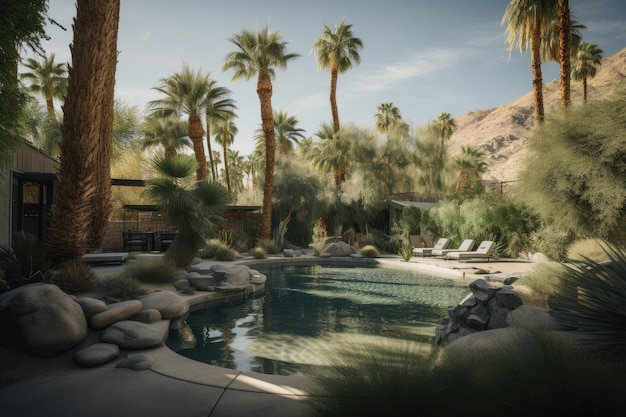 Oasis avec palmiers et piscine ombragée entourée d'un paysage désertique créé avec une IA générative