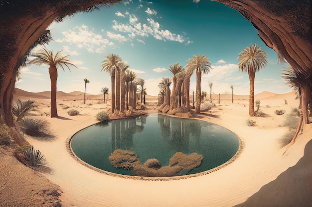 Oasis avec piscine entourée de palmiers au milieu du désert