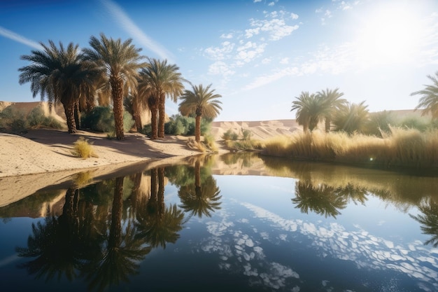 Oasis avec reflet du soleil et du ciel bleu dans le désert créé avec une IA générative