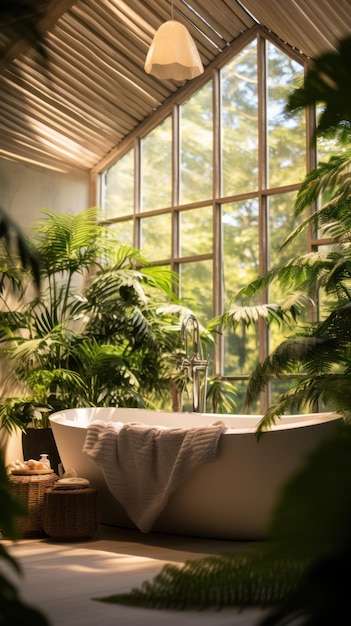 Oasis de salle de bain tranquille avec une baignoire indépendante au milieu d'une lumière verte luxuriante filtrant à travers de hautes fenêtres