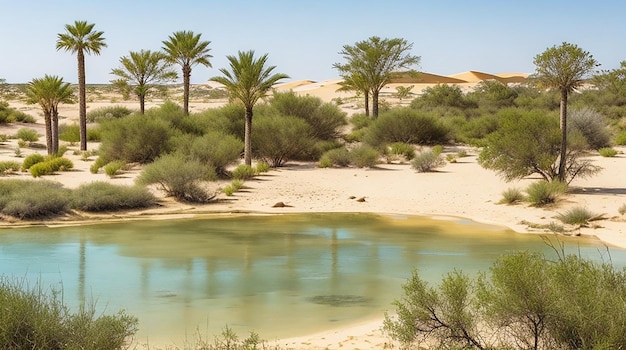 Une oasis tranquille entourée de dunes de sable et de ruines antiques