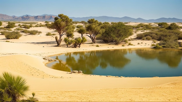 Une oasis tranquille entourée de dunes de sable et de ruines antiques