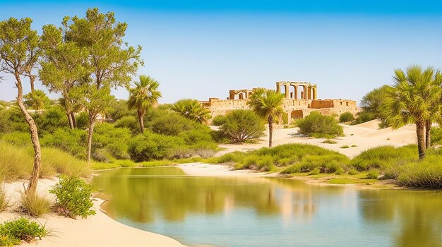 Une oasis tranquille entourée de dunes de sable et de ruines antiques