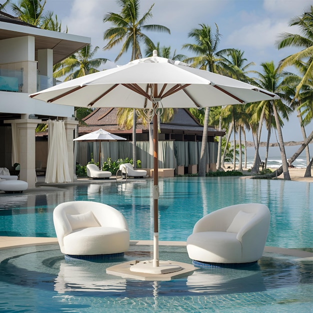 Oasis tranquille Paradis au bord de la piscine avec un parapluie élégant et une chaise en peluche Palmiers et sérénité