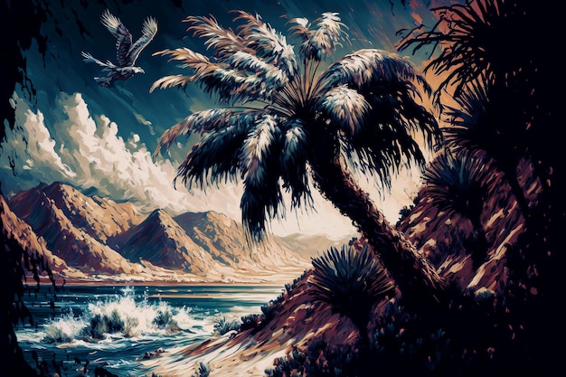 Oasis vintage de montagnes de palmiers.