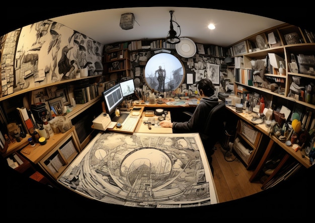 Un objectif fisheye capturant le point de vue de l'illustrateur alors qu'il est assis à son bureau, entouré