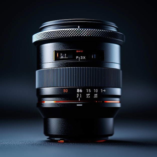 L'objectif Sony 85mm f10 GM avec une taille d'objectif fouement grande produit pris avec un fond sombre