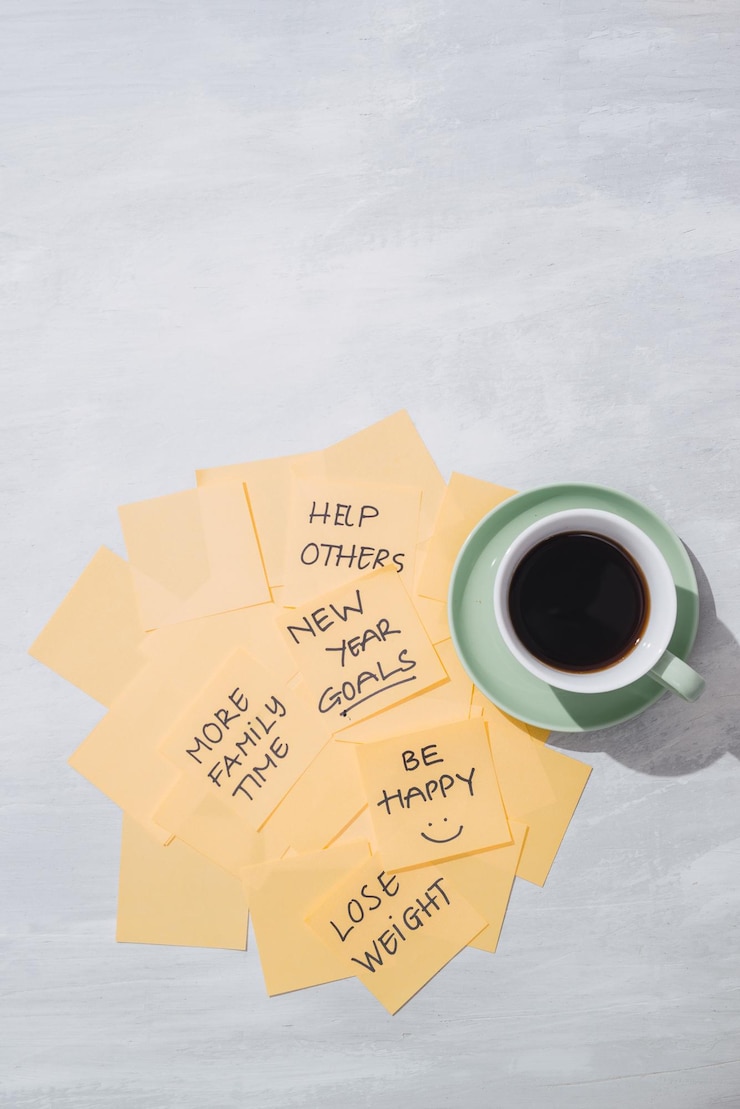 Photo objectifs ou résolutions du nouvel an notes autocollantes jaunes avec du café sur la table