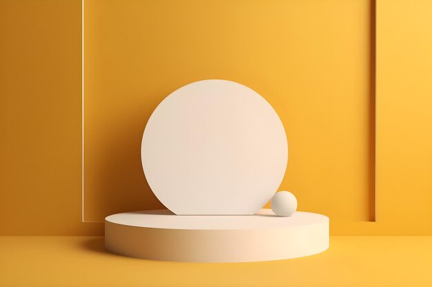 Un objet blanc rond avec une boule blanche sur un podium blanc sur un mur jaune