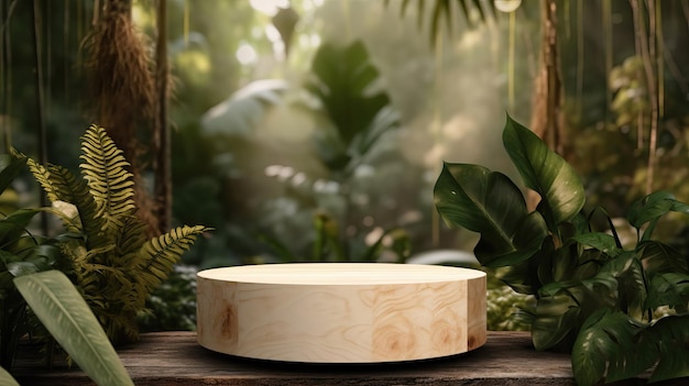 Un objet en bois avec une base en bois et une plante en arrière-plan.