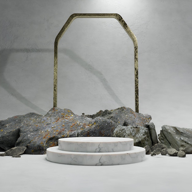 Un objet circulaire avec une armature en métal et un gros rocher au milieu.