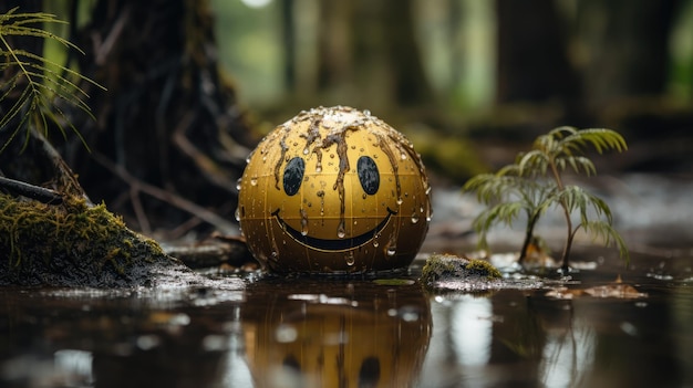 Un objet emoji placé dans un cadre extérieur naturel