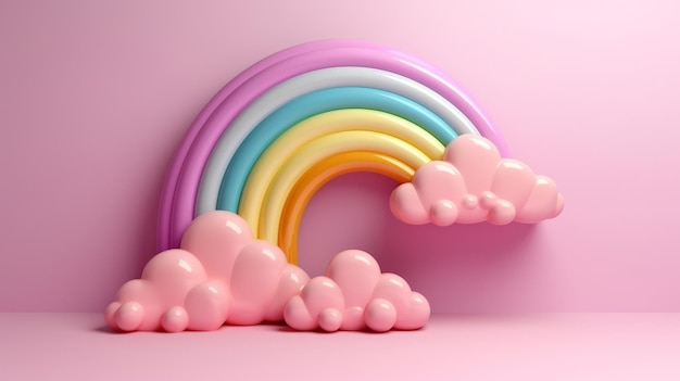 Un objet en forme d'arc-en-ciel avec des nuages sur un fond rose