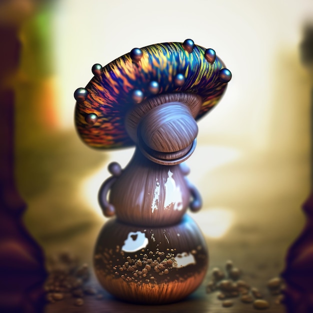 Photo un objet en forme de champignon avec un capuchon bleu et un petit bol avec une petite fleur dessus.