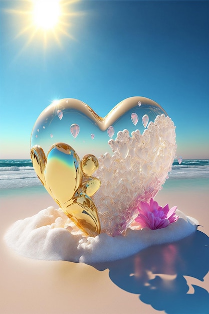 Objet en forme de coeur assis au sommet d'une plage de sable Generative Ai