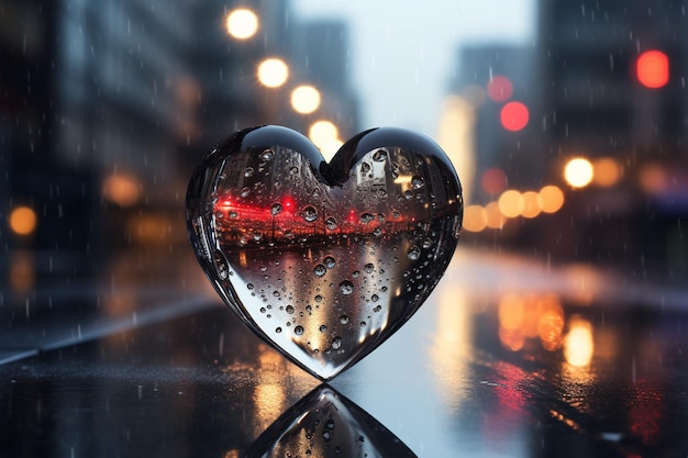 Un objet en forme de cœur est dans la pluie avec une ville en arrière-plan cœur sur verre mouillé avec raindro