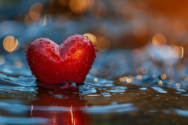 Photo objet en forme de cœur avec des gouttes d'eau et des lumières bokeh