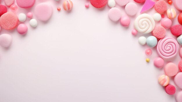 un objet en forme de coeur rose est entouré de bonbons roses.