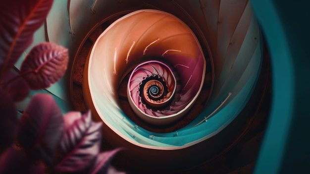 Un objet en forme de spirale avec des fleurs roses en arrière-plan Image AI générative