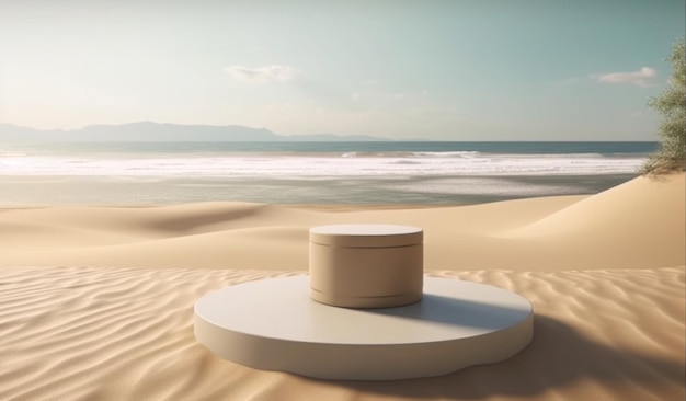 Un objet rond blanc sur la plage avec l'océan en arrière-plan.