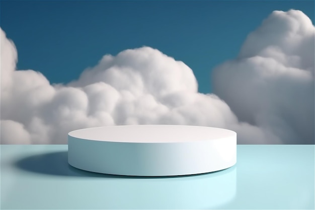 Un objet rond blanc se trouve sur une surface bleue avec des nuages en arrière-plan.