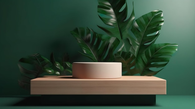 Un objet rond blanc sur une table en bois à côté d'une plante verte.