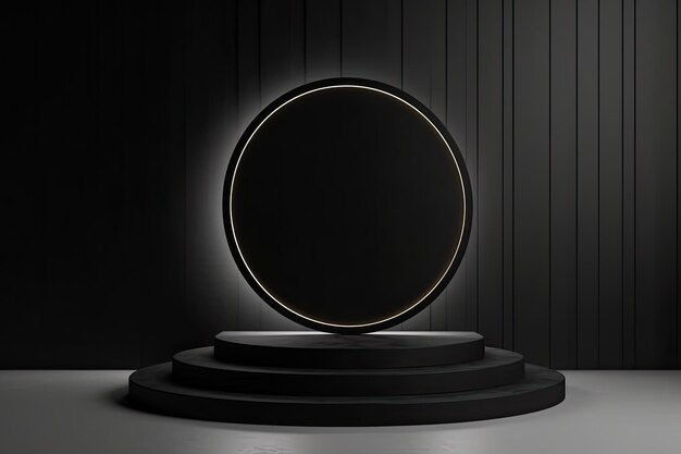 Un objet rond noir avec un cadre doré est assis sur un piédestal.