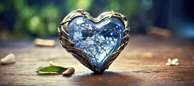 Un objet de verre en forme de cœur sur une table en bois