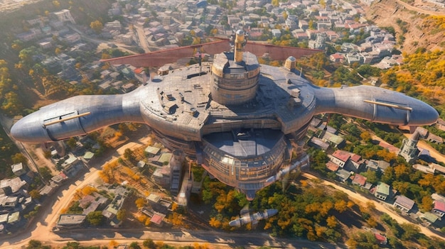 Photo un objet volant géant dans le ciel avec une ville en arrière-plan.