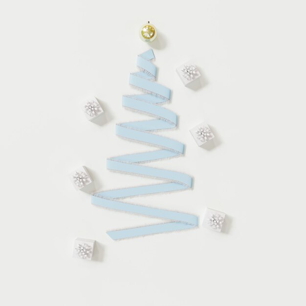 Objets de décoration de jour de Noël ruban bleu forme par arbre de Noël sur blanc. Idée minimale. Rendu 3D.