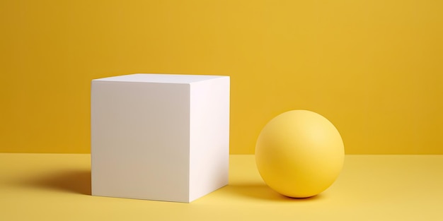 Objets géométriques sur fond jaune cube blanc et sphère jaune AI générative