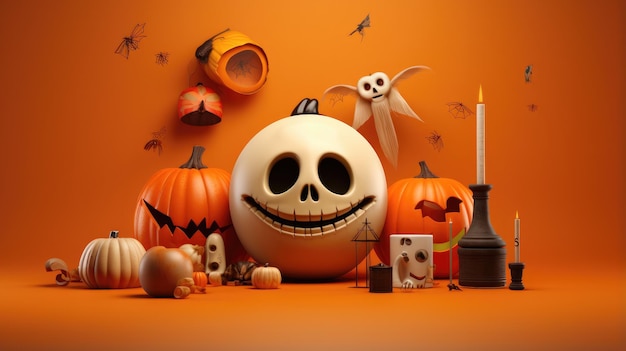 Objets d'Halloween rendus en 3D sur fond orange