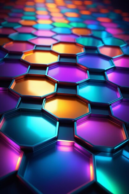 Photo objets hexagonaux lumineux en métal 3d avec composition verticale de lumières au néon