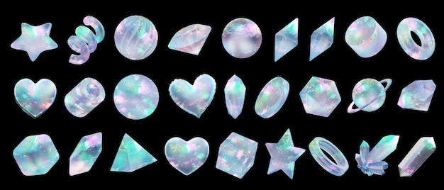 Objets holographiques opale décoration ensemble pack isolé fond rendu 3D