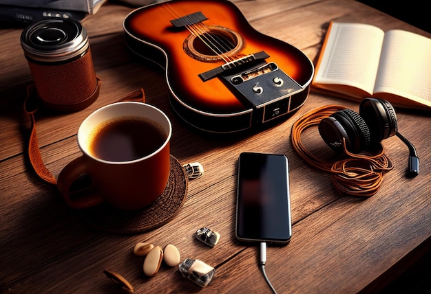 Objets de musique photo avec gadget de guitare et café sur la table dans un style classique Journée mondiale de la musique