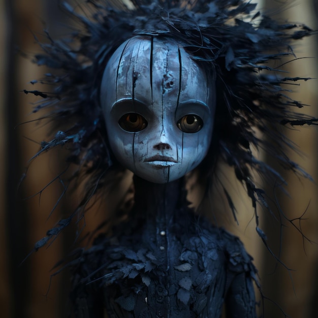 Obscured Whispers Le monde énigmatique de la poupée Sequoia masquée en bleu foncé et cyan inspiré