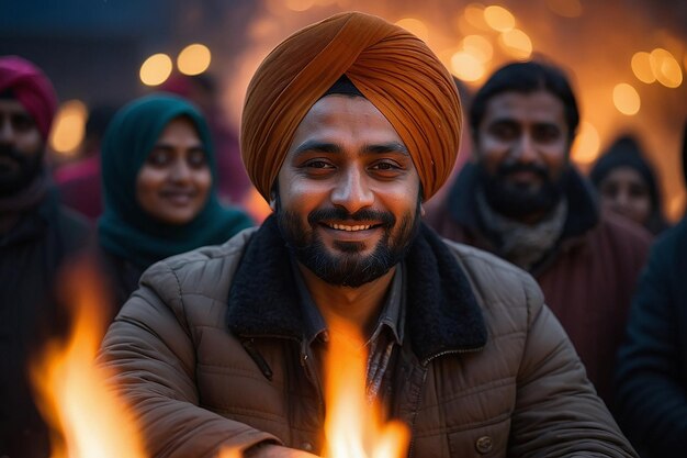 Photo observant le festival de lohri la nuit avec un feu de camp