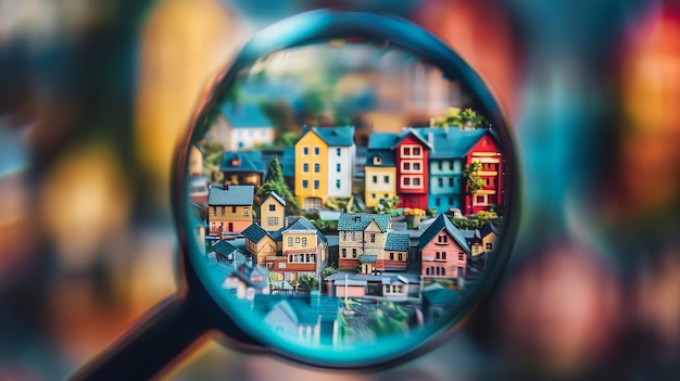 Observation d'un caléidoscope de couleurs dans de petites maisons détaillées sous une loupe illustration générée par l'IA