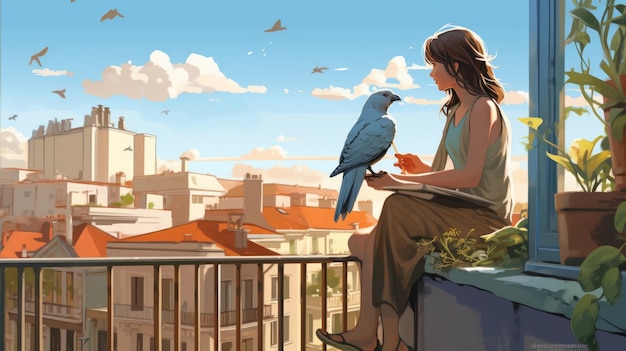 L'observation des oiseaux sur le balcon illustration à l'aquarelle