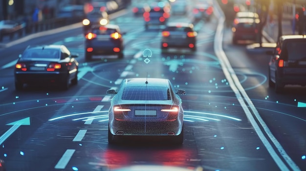 Observez la distance sur la route La voiture intelligente autonome se déplace sur la route dans la circulation Elle scanne la route et observe la distance