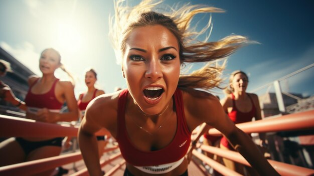 Obstacles sportifs et équipe féminine sur piste dans une course de marathon ou une compétition dans un stade