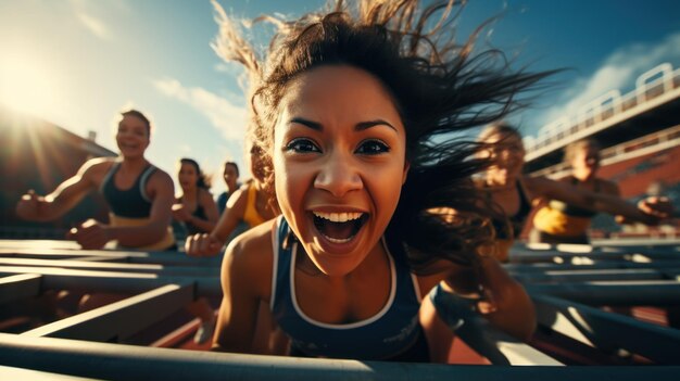 Photo obstacles sportifs et équipe féminine sur piste dans une course de marathon ou une compétition dans un stade