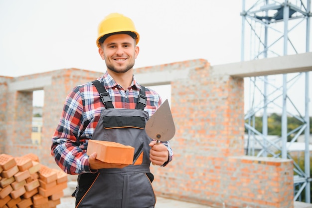 Occupé avec un mur de briques Un ouvrier du bâtiment en uniforme et équipement de sécurité a un travail sur la construction